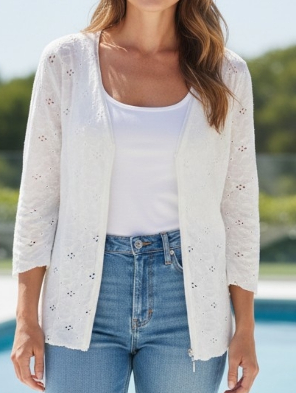 Papillon Blanc - White Floral Embroidered Jacket, 3/4 Sleeve, Full Zipper,... - Picture 1 of 11